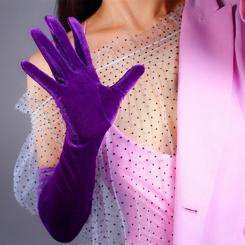 DooWay 23-inch Long Velvet Gloves Opera 60cm Long Stretchy Touchscreen Sensitive Purple Violet Lilac - Image 2